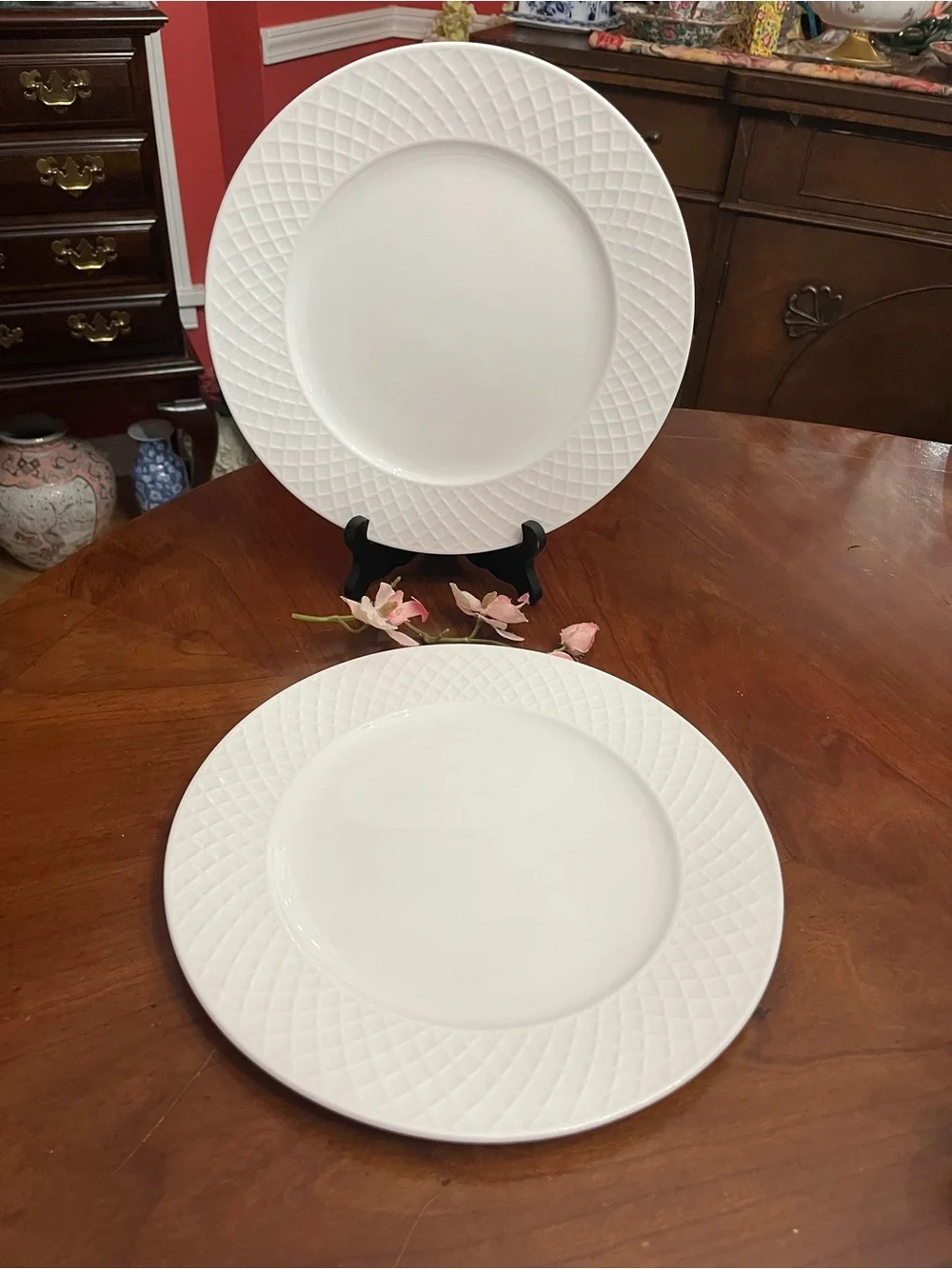 Set of 2 Mikasa Trellis White Bone China Dinner Plates 11” Elegant Lattice Rim